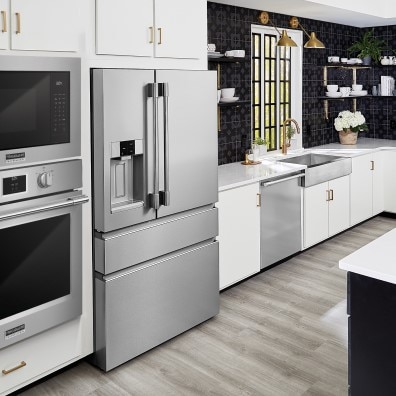 Frigidaire Professional 4 door French door refrigerator in stylish kitchen